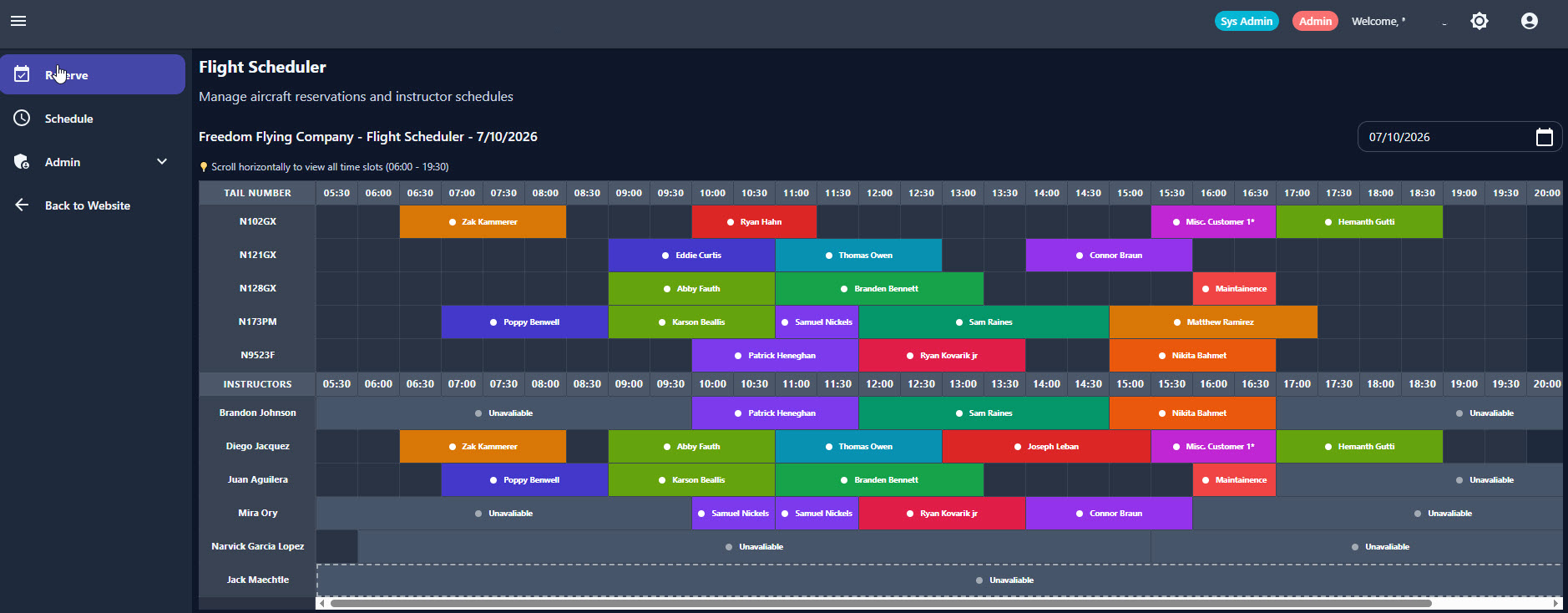Screenshot of FlyRes scheduling interface